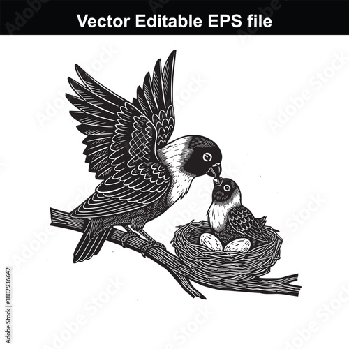 A mother bird feeds her chick in a nest on a branch, isolated on