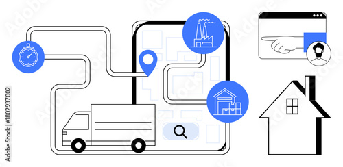 Delivery truck on mapped route with GPS markers, stopwatch, factory, house, and digital tracking. Ideal for delivery, logistics, technology, shipping supply chain navigation service reliability