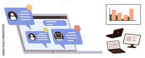 Laptop screen displaying chat bubbles for real-time communication, bar graph for data analysis, and multiple devices. Ideal for collaboration, analytics, technology, productivity, data sharing