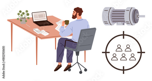 Man drinking coffee while reviewing papers at desk with laptop. Industrial motor and teamwork target icon nearby. Ideal for work efficiency, focus, multitasking, industry, leadership, strategy