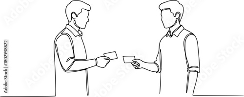 Continuous line drawing of people exchanging cards
