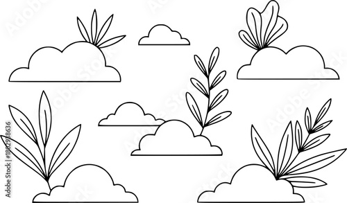 Minimalist line art elements of clouds and plants
