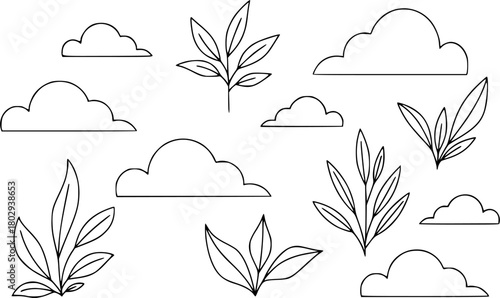 Minimalist line art elements of clouds and plants
