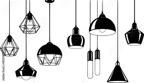 Set of Assortment of modern industrial pendant lights with black finish
