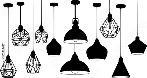 Set of Assortment of modern industrial pendant lights with black finish
