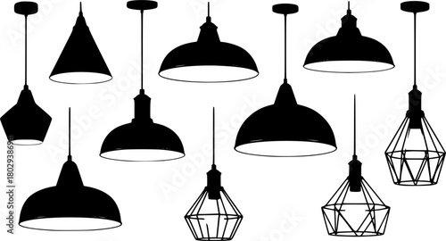 Set of Assortment of modern industrial pendant lights with black finish
