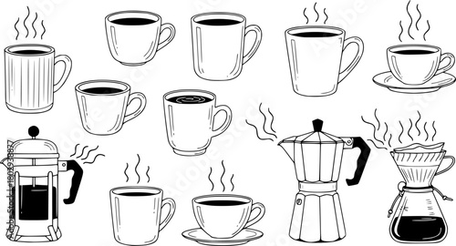 Collection of Hand-Drawn Coffee Cups and Makers with Steam
