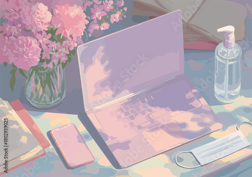 Estetyczny wektor przedstawiający biurko z laptopem, kwiatami i środkami ochrony osobistej w pastelowych barwach.