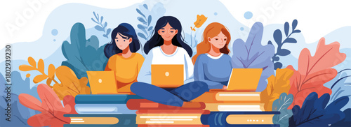 Trzy młode kobiety pracują na laptopach siedząc na stosie kolorowych książek w otoczeniu roślin.