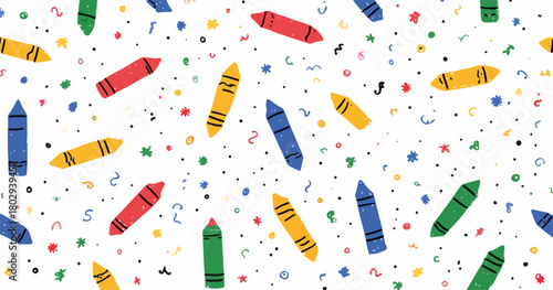 Kolorowe kredki i konfetti na białym tle, idealne do projektów artystycznych i edukacyjnych, tworząc radosną atmosferę.