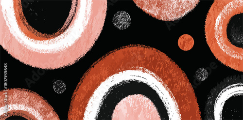 Abstrakcyjny wzór z okręgów i kółek w kolorach różowym, pomarańczowym i białym na czarnym tle.