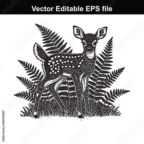 A charming black and white illustration of a spotted fawn standing in tall grass with ferns behind it, rendered in a linocut style