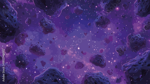 Kosmiczna przestrzeń z asteroidami i mgławicami w fioletowych odcieniach, ilustracja wektorowa.