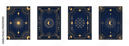 Set of celestial tarot or oracle card backs with gold esoteric symbols sun, moon, stars and geometric art deco frames on indigo background. Editable vector illustration.