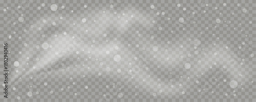 Realistic snowfall and blizzard wind overlay with white snow dots, blur, and fog effect on a transparent background. Winter weather template. Editable vector illustration.