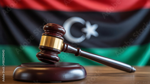 Gavel resting before the Libyan flag symbolizes justice, law, and legal proceedings in Libya, promoting fairness and equality