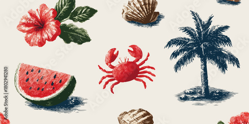 Letnia kompozycja z tropikalnymi elementami: hibiskus, palma, arbuz, krab i muszle.