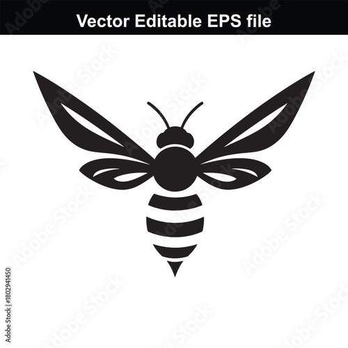 Black silhouette of a bee with wings spread, isolated on