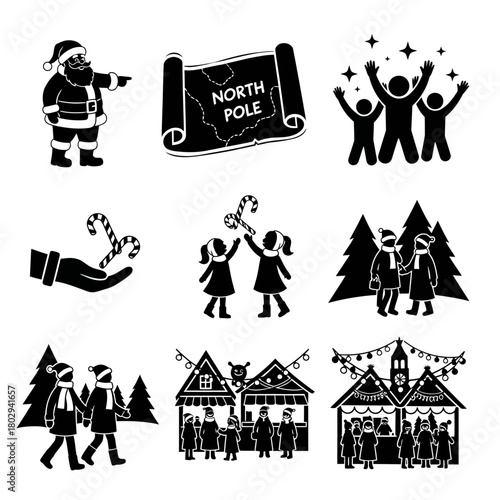Festive Christmas Icons - Santa, North Pole Map, and Holiday Scenes.