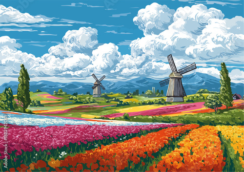 Krajobraz z kwitnącymi polami tulipanów i wiatrakami pod błękitnym niebem z chmurami.