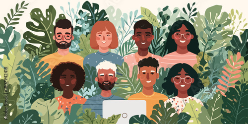 Grupa różnorodnych ludzi otoczona przez bujną, zieloną roślinność, symbolizująca harmonię i naturę.