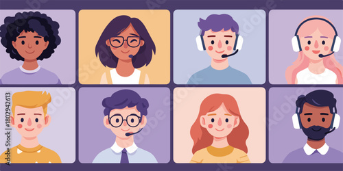 Ilustracja wektorowa przedstawiająca różnorodną grupę osób uczestniczących w wideokonferencji, symbolizująca nowoczesną komunikację i pracę zdalną.