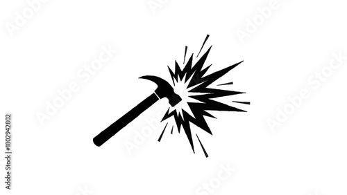 Vector illustration of hammer striking an object causing an explosion, isolated on transparent background 