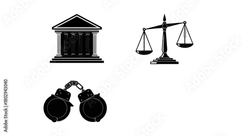 Vector illustration of legal symbols including courthouse, scales of justice, and handcuffs on a transparent background