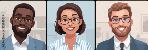 Trzy uśmiechnięte, zróżnicowane awatary profesjonalistów w okularach, reprezentujące nowoczesny zespół biznesowy w cyfrowym świecie.