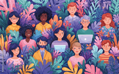 Wektorowa ilustracja przedstawiająca zróżnicowaną grupę ludzi, symbolizująca jedność, współpracę i inkluzywność w nowoczesnym społeczeństwie.