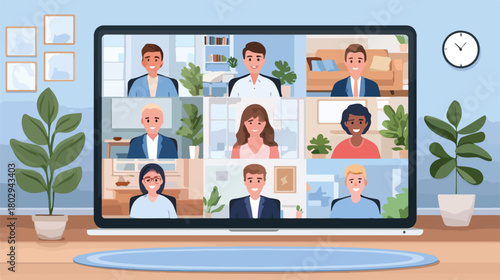 Profesjonalne spotkanie biznesowe online z wieloma uczestnikami na ekranie laptopa, symbolizujące efektywną komunikację i pracę zdalną.