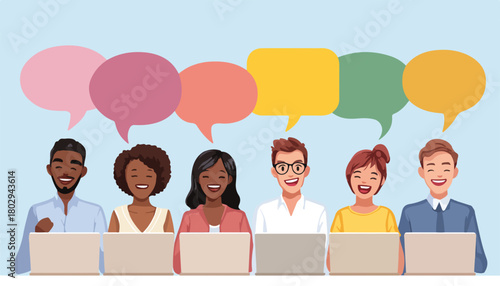 Wektorowa ilustracja przedstawiająca zróżnicowaną grupę ludzi komunikujących się online z dymkami mowy.