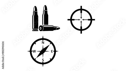 Vector illustration of bullets, crosshair, and compass, isolated on transparent background 