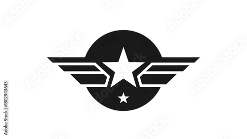 Vector illustration of black star emblem with wings and circle isolated on transparent background 