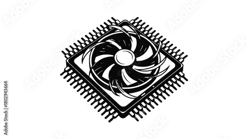 Vector illustration of computer processor chip with a cooling fan, isolated on transparent background