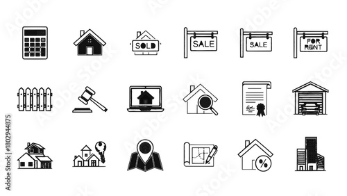 Vector illustration of collection of real estate icons in a grid isolated on transparent background 