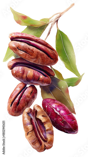 Watercolor a cluster of ripe pecans on a branch with green leaves