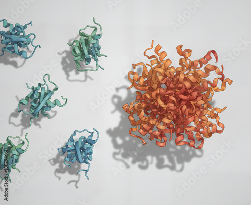 Molecular illustration of protein aggregation. Normally folded proteins (blue) compared to misfolded and aggregated proteins (orange), a key process in neurodegenerative diseases.