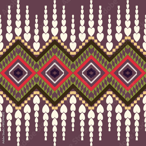 Earthy bohemian diamond geometry framed by layered zigzag steps and soft droplet heart chains for cozy fabric decor