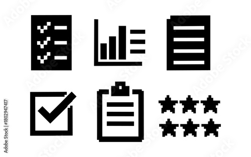 Silhouette icons of checklists, charts, and ratings for business and productivity