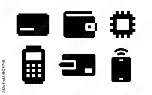 Silhouette icons of modern payment methods and technology gadgets