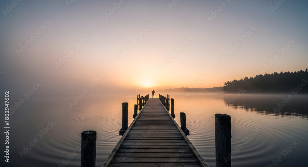 Obraz premium Wooden pier extending to horizon at sunrise on foggy lake