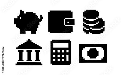 Pixel art icons of financial and banking items in black and white