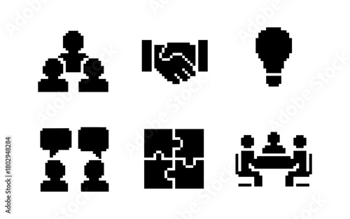 Pixel art business icons: teamwork, communication, innovation, collaboration, problem solving