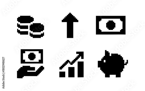 Pixel art financial icons: coins, growth arrow, money, investments