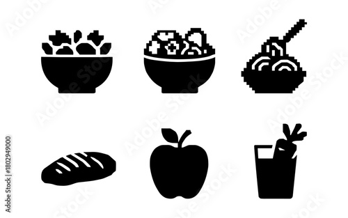 Minimalist food icons collection featuring bowls, bread, apple, and juice