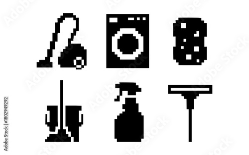 Pixel art cleaning icons: vacuum, washing machine, sponge, mop, spray bottle, squeegee