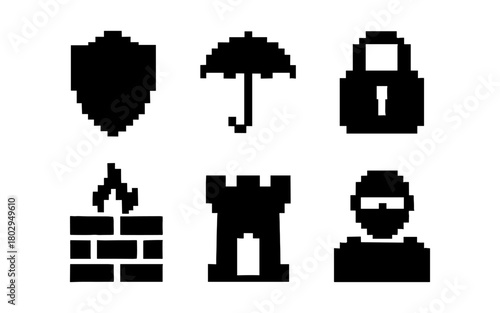 Pixel art security icons: shield, umbrella, lock, firewall, castle, thief silhouettes