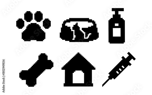 Pixel pets and accessories icons set: paw print, carrier, shampoo, syringe, bone, doghouse