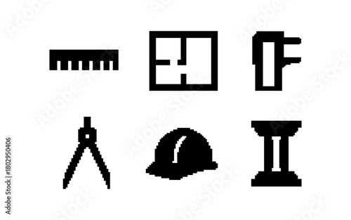 Pixel art construction icons: tools, helmet, blueprint, column, ruler